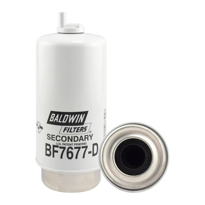 Filtro combustible sellado industrial BF7677-D con purga marca BALDWIN, para JOHN DEERE. Equivalencias: 33633 - FS19525 - P550435